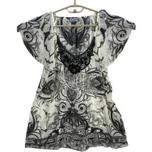 Unity Tunic Top Women Size L Off White Gray Sheer Short Sleeve Boho Fairy Grunge